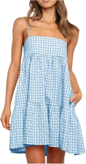Women's Summer Boho Mini Dress Plaid Square Neck Tiered Tunic Dresses Ruffle Flowy Beach Vacation Sundress Pockets