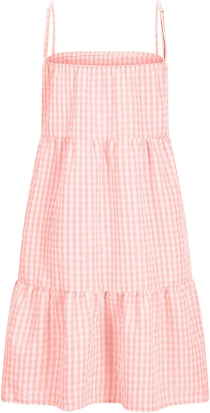 Women's Summer Boho Mini Dress Plaid Square Neck Tiered Tunic Dresses Ruffle Flowy Beach Vacation Sundress Pockets