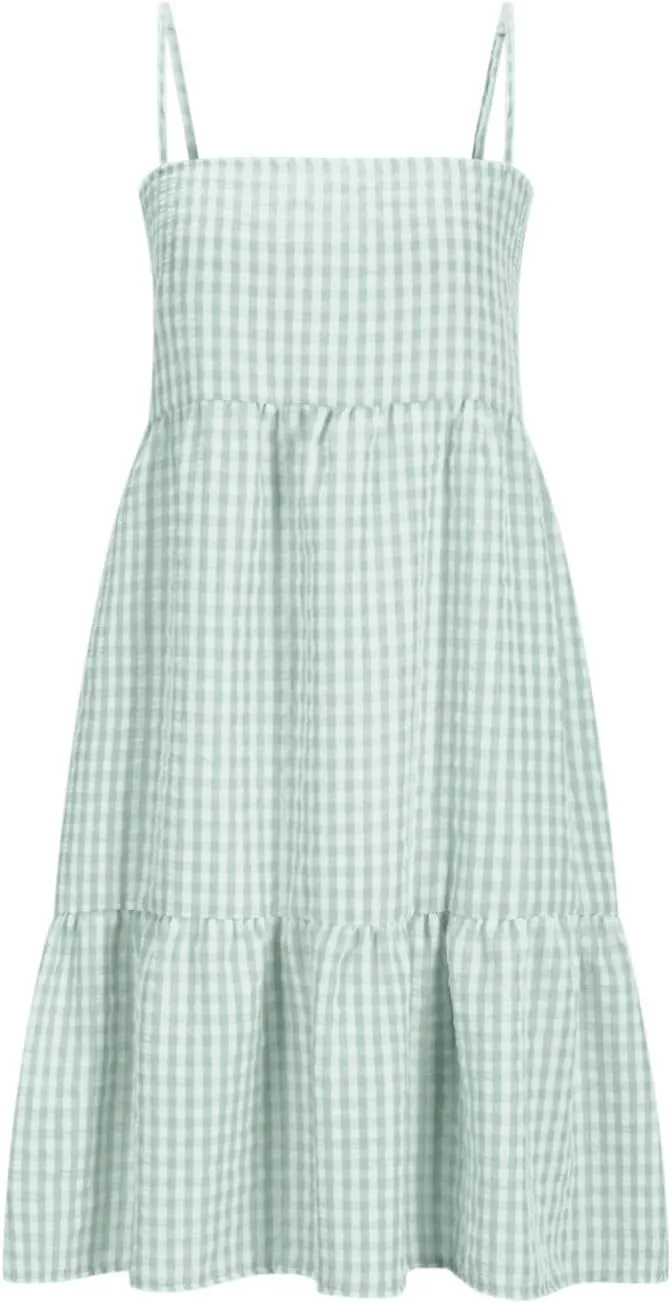 Women's Summer Boho Mini Dress Plaid Square Neck Tiered Tunic Dresses Ruffle Flowy Beach Vacation Sundress Pockets