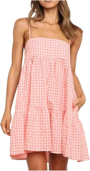 Women's Summer Boho Mini Dress Plaid Square Neck Tiered Tunic Dresses Ruffle Flowy Beach Vacation Sundress Pockets