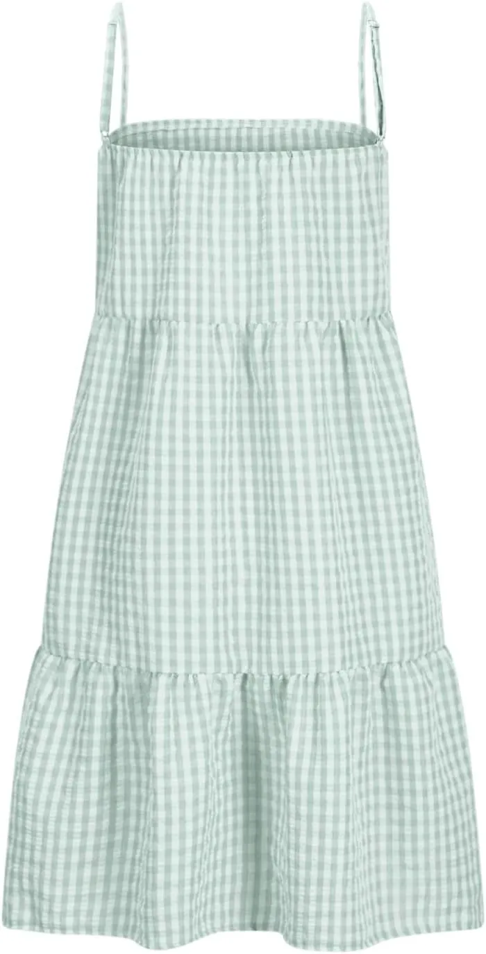 Women's Summer Boho Mini Dress Plaid Square Neck Tiered Tunic Dresses Ruffle Flowy Beach Vacation Sundress Pockets