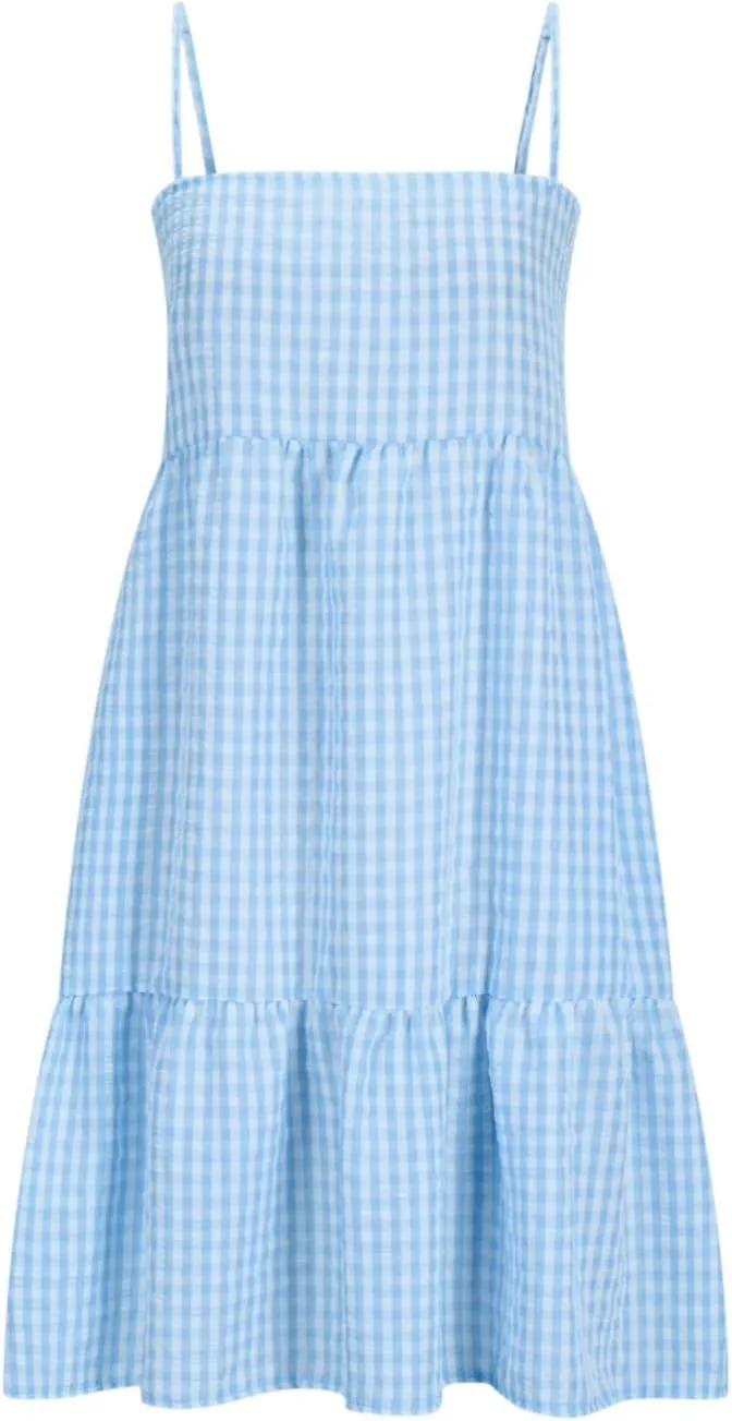 Women's Summer Boho Mini Dress Plaid Square Neck Tiered Tunic Dresses Ruffle Flowy Beach Vacation Sundress Pockets