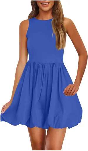 Women's Summer Casual Sleeveless Midi Sundress Scoop Neck Tank Dress Solid Flowy A Line Swing Wrap Tunic Dresses