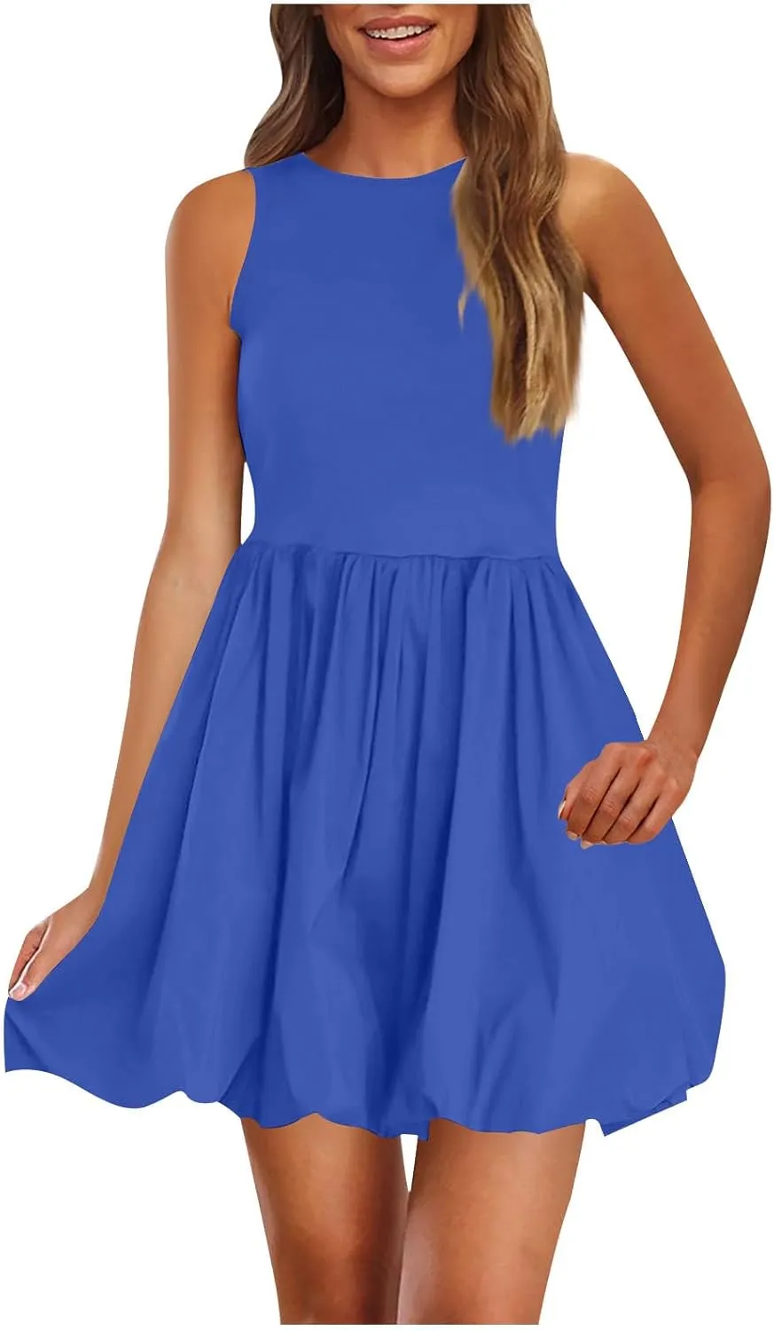 Women's Summer Casual Sleeveless Midi Sundress Scoop Neck Tank Dress Solid Flowy A Line Swing Wrap Tunic Dresses