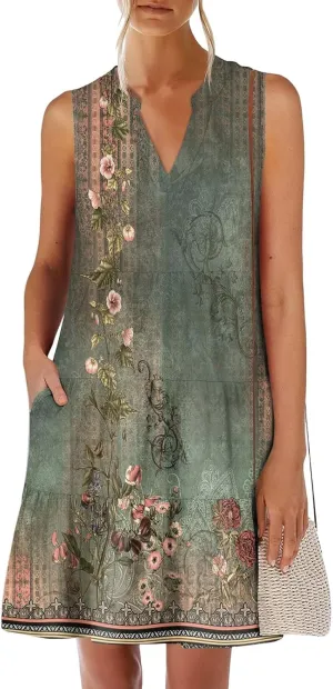Women's Summer Casual V Neck Dress with Pocket Cute Sleeveless High Waist A-line Sundress Midi Dresses 2025