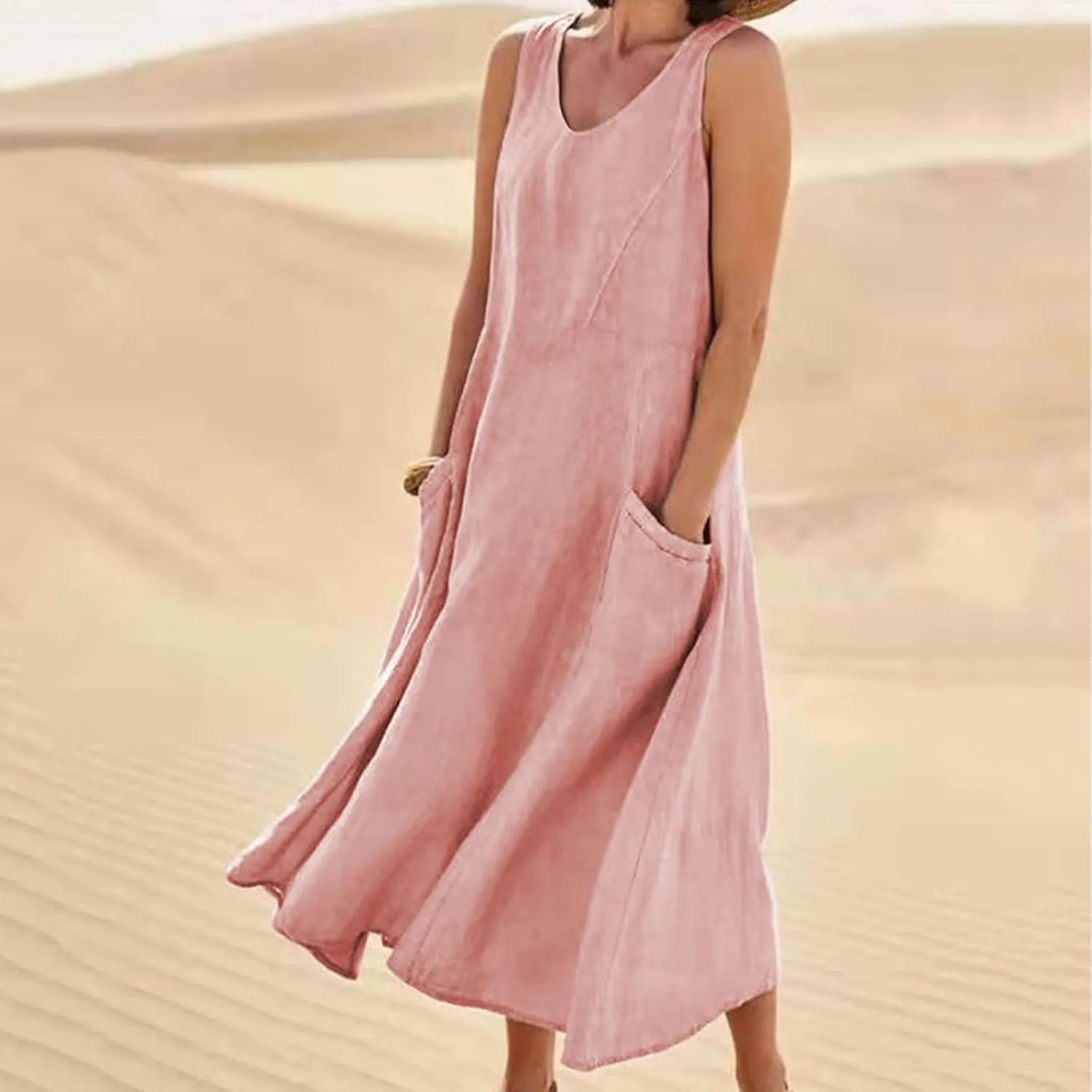 Womens Summer Cotton Linen Dress Sleeveless Scoop Neck Flowy Sundress 2025 Plus Size Loose Comfy Midi Dresses Pockets