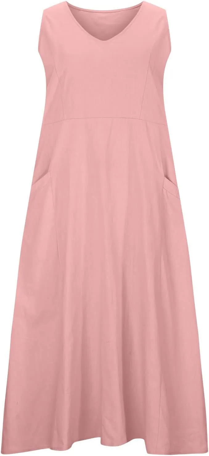 Womens Summer Cotton Linen Dress Sleeveless Scoop Neck Flowy Sundress 2025 Plus Size Loose Comfy Midi Dresses Pockets