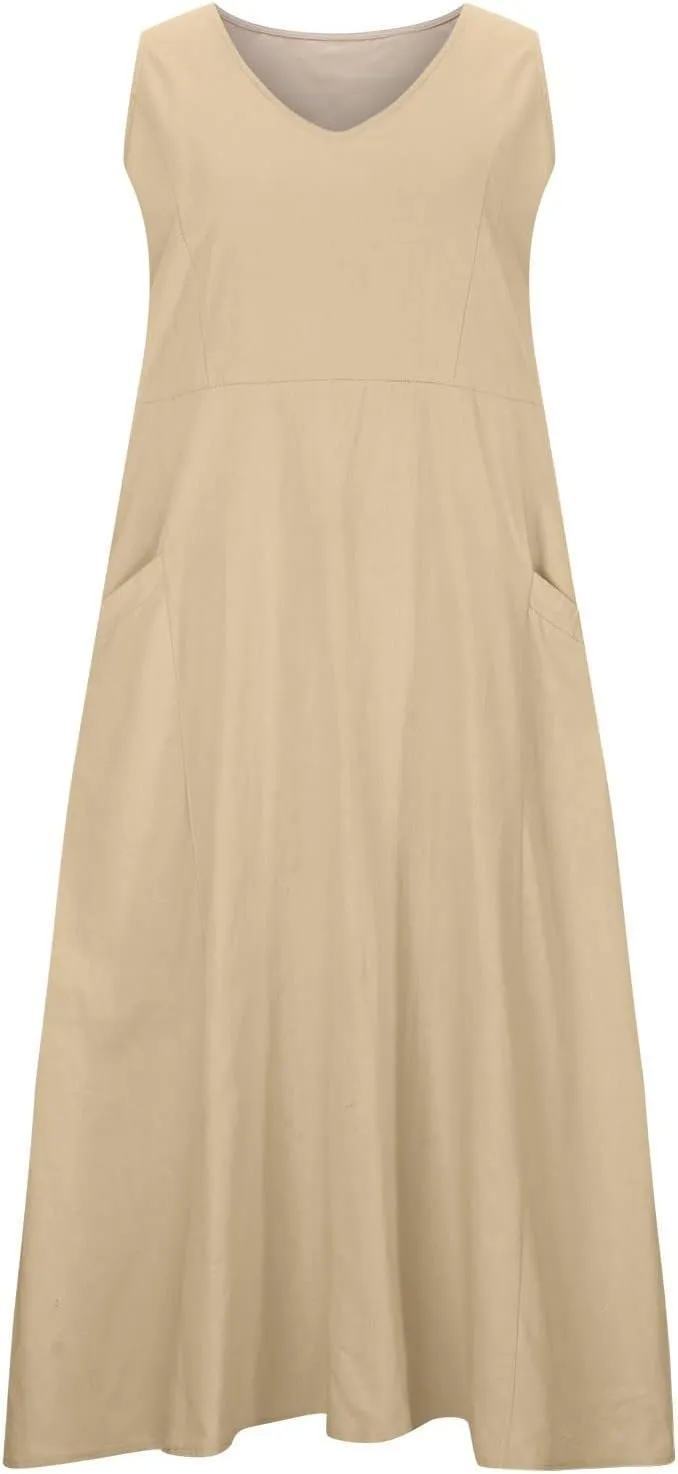 Womens Summer Cotton Linen Dress Sleeveless Scoop Neck Flowy Sundress 2025 Plus Size Loose Comfy Midi Dresses Pockets