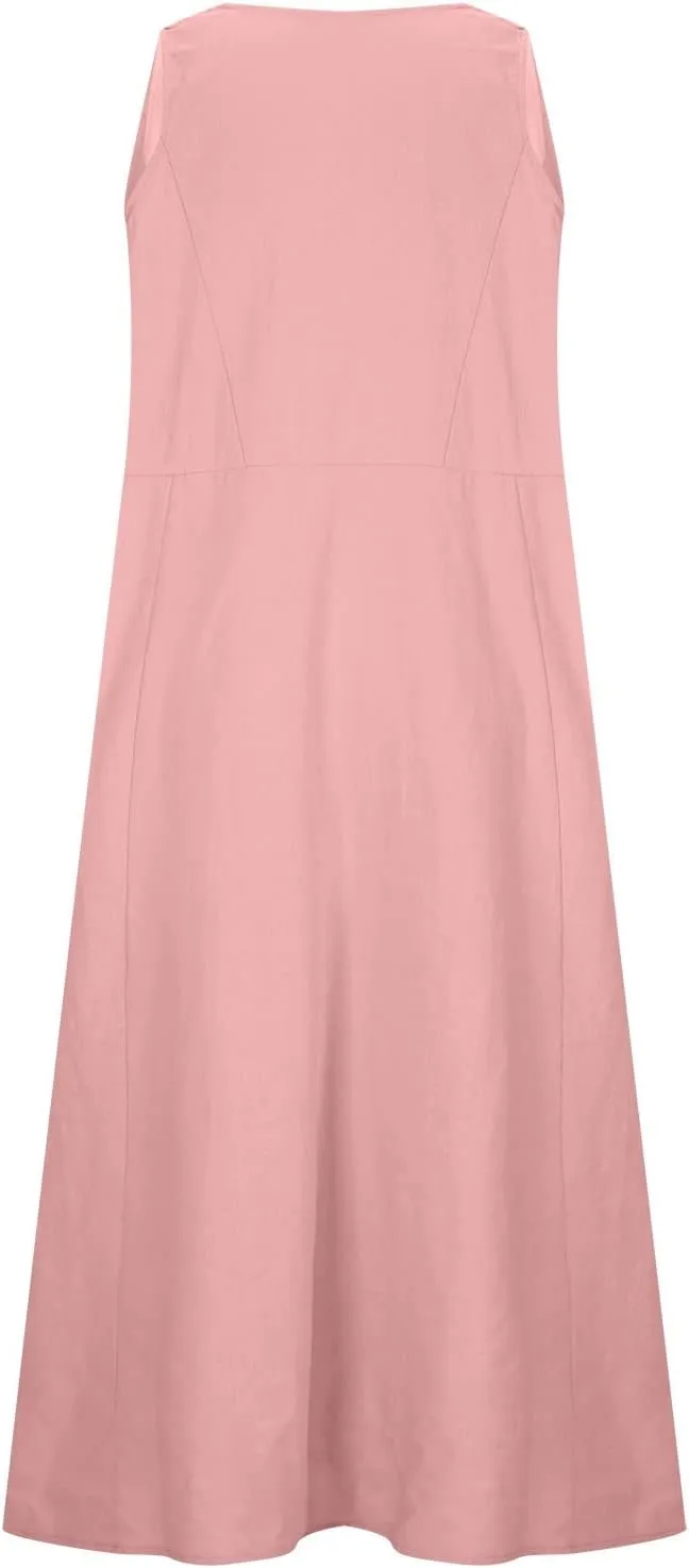 Womens Summer Cotton Linen Dress Sleeveless Scoop Neck Flowy Sundress 2025 Plus Size Loose Comfy Midi Dresses Pockets