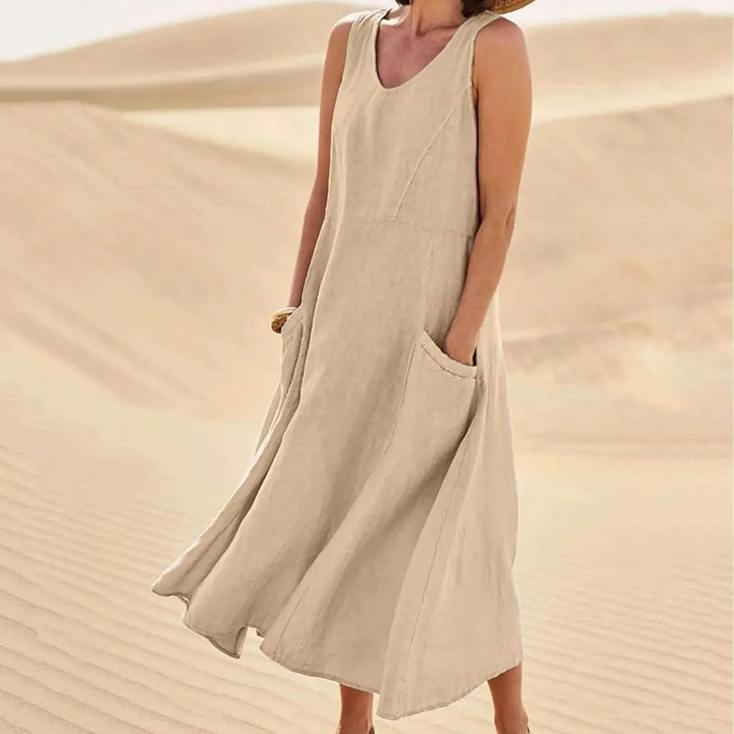 Womens Summer Cotton Linen Dress Sleeveless Scoop Neck Flowy Sundress 2025 Plus Size Loose Comfy Midi Dresses Pockets