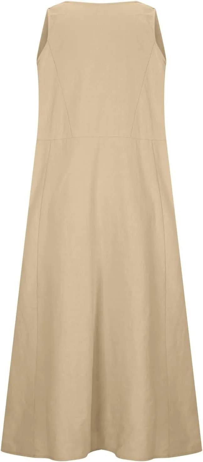 Womens Summer Cotton Linen Dress Sleeveless Scoop Neck Flowy Sundress 2025 Plus Size Loose Comfy Midi Dresses Pockets