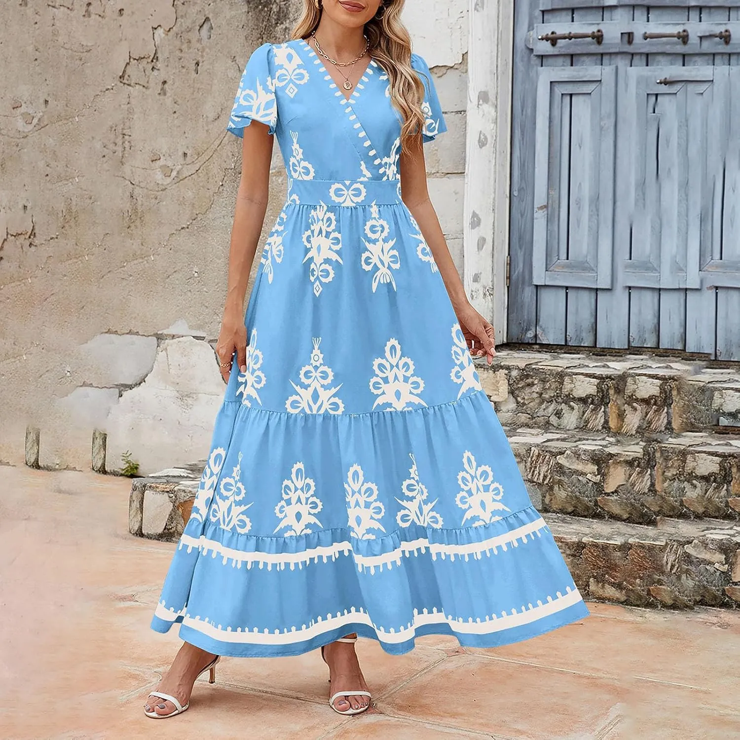 Womens Summer Dress 2025 Casual V Neck Boho Maxi Dress Flowy Aline Bell Sleeve Tiered Floral Dresses with Pockets