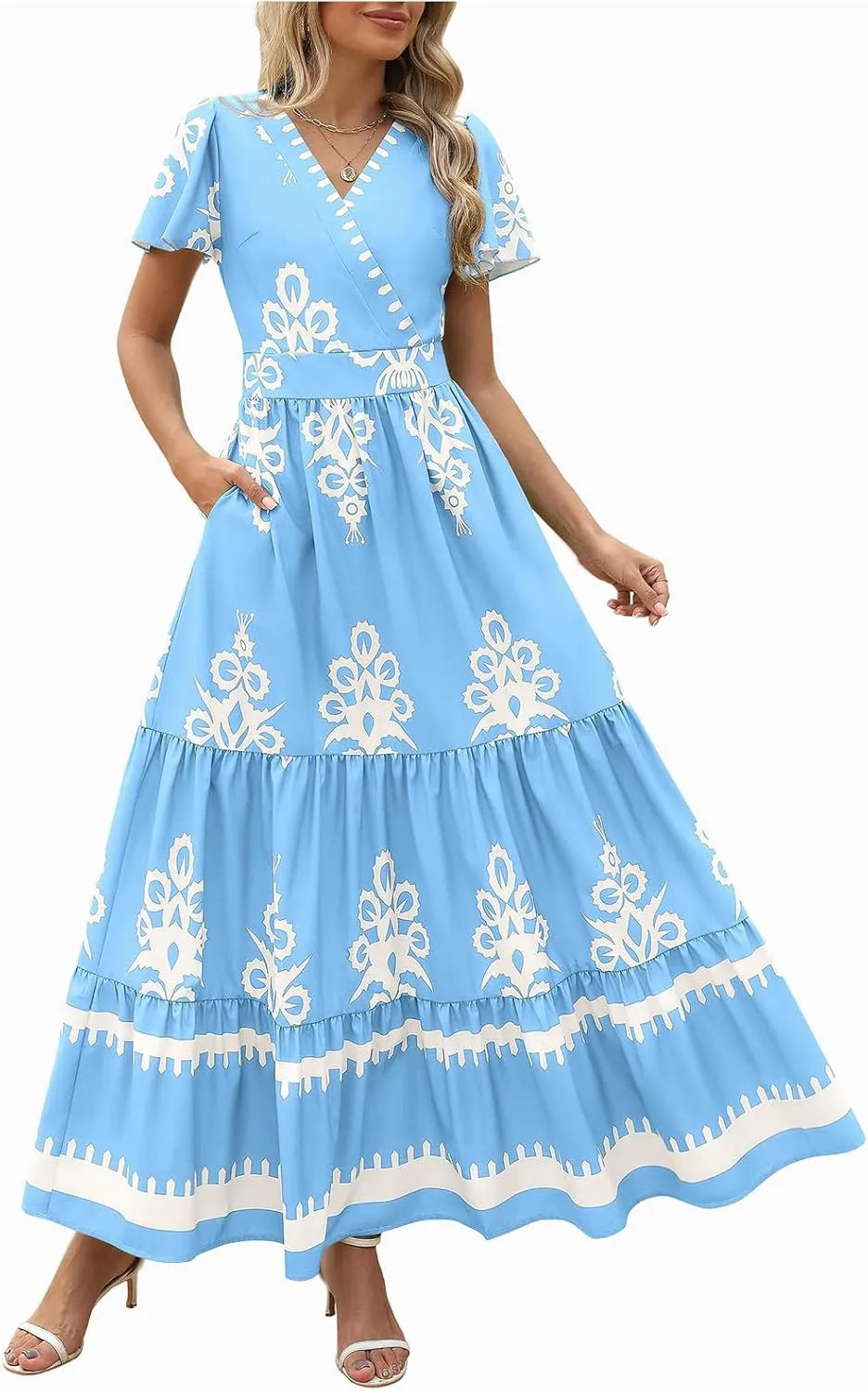 Womens Summer Dress 2025 Casual V Neck Boho Maxi Dress Flowy Aline Bell Sleeve Tiered Floral Dresses with Pockets