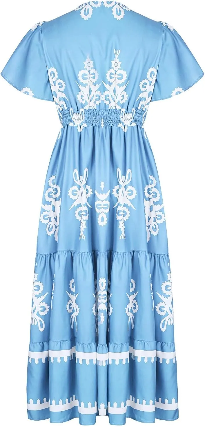 Womens Summer Dress 2025 Casual V Neck Boho Maxi Dress Flowy Aline Bell Sleeve Tiered Floral Dresses with Pockets