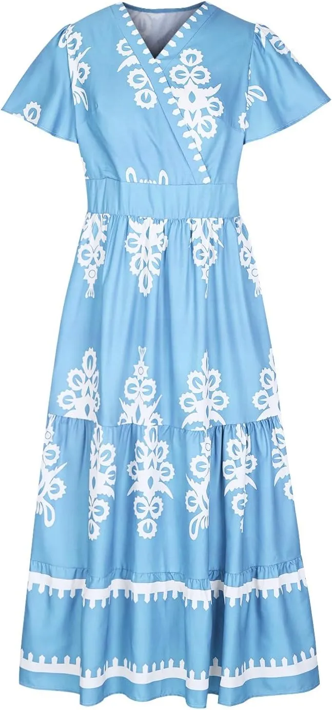 Womens Summer Dress 2025 Casual V Neck Boho Maxi Dress Flowy Aline Bell Sleeve Tiered Floral Dresses with Pockets
