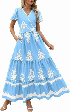 Womens Summer Dress 2025 Casual V Neck Boho Maxi Dress Flowy Aline Bell Sleeve Tiered Floral Dresses with Pockets