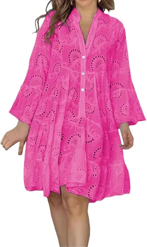 Womens Summer Dress Boho Hollow Out Eyelet Lace Midi Dress Casual Fashion Button Down V Neck Long Sleeve Dresses