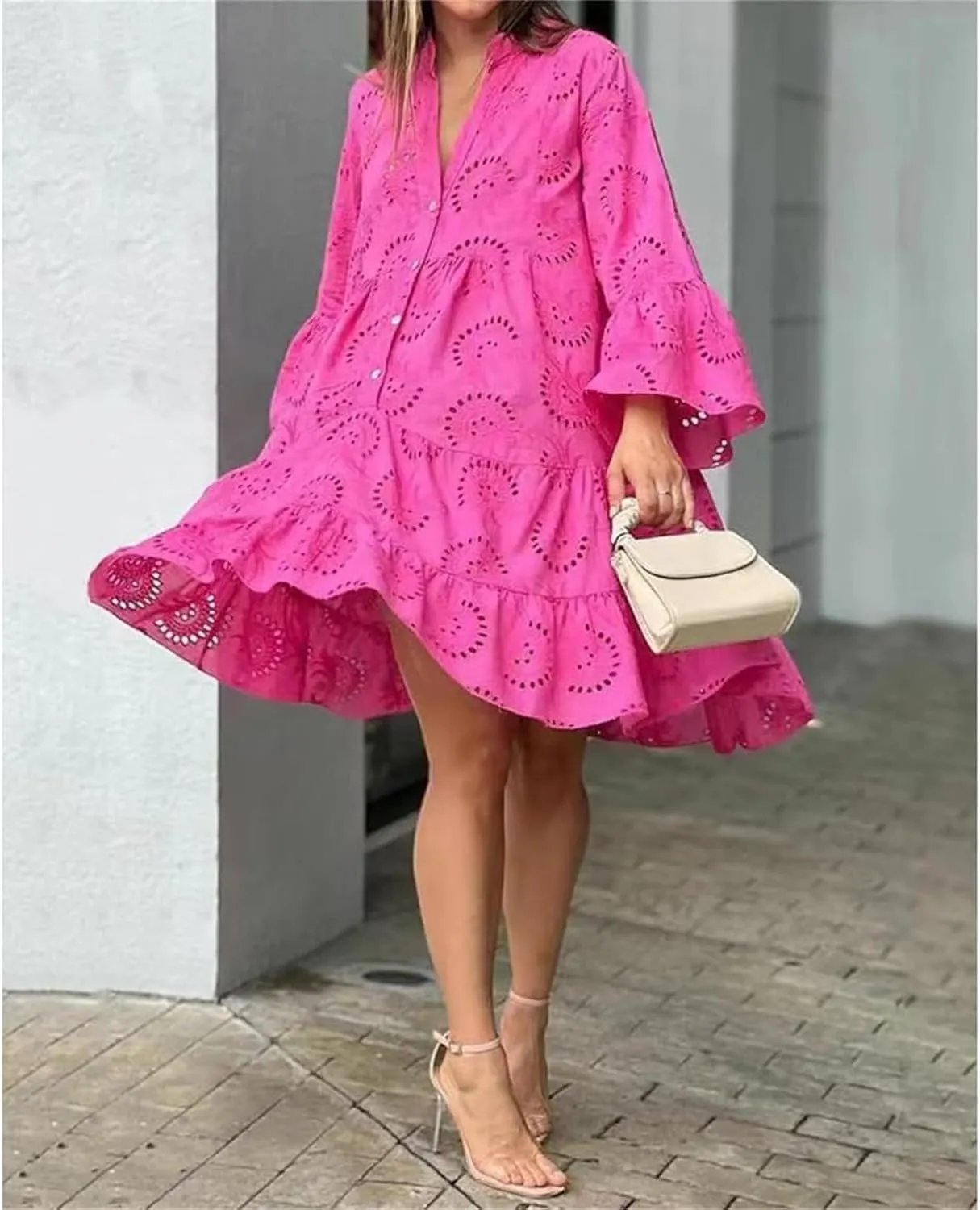 Womens Summer Dress Boho Hollow Out Eyelet Lace Midi Dress Casual Fashion Button Down V Neck Long Sleeve Dresses
