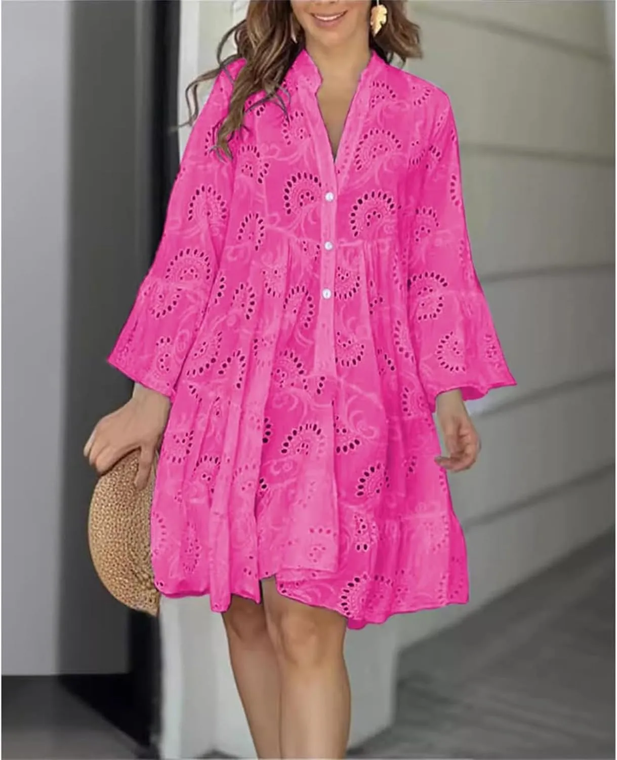 Womens Summer Dress Boho Hollow Out Eyelet Lace Midi Dress Casual Fashion Button Down V Neck Long Sleeve Dresses