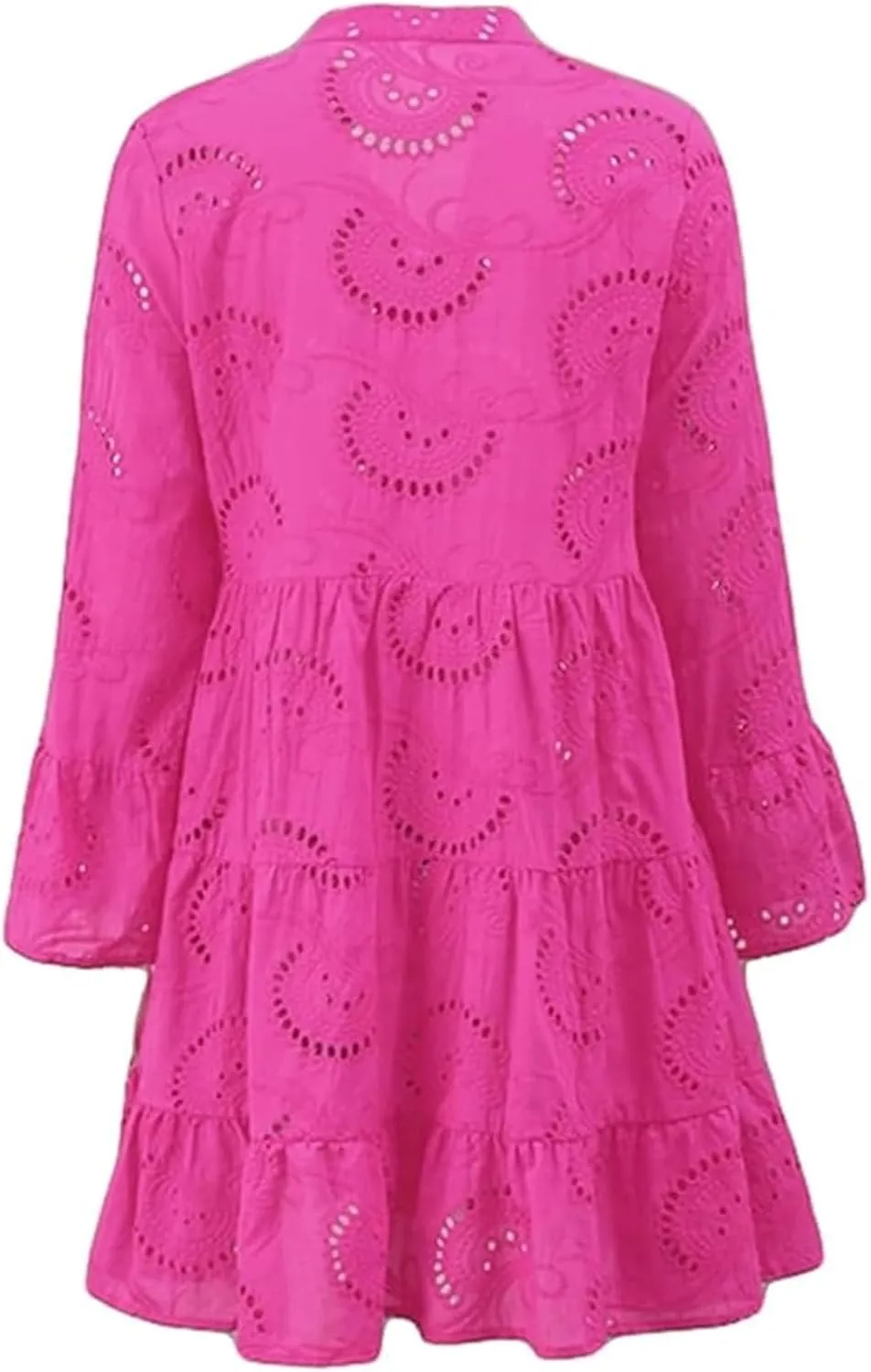 Womens Summer Dress Boho Hollow Out Eyelet Lace Midi Dress Casual Fashion Button Down V Neck Long Sleeve Dresses