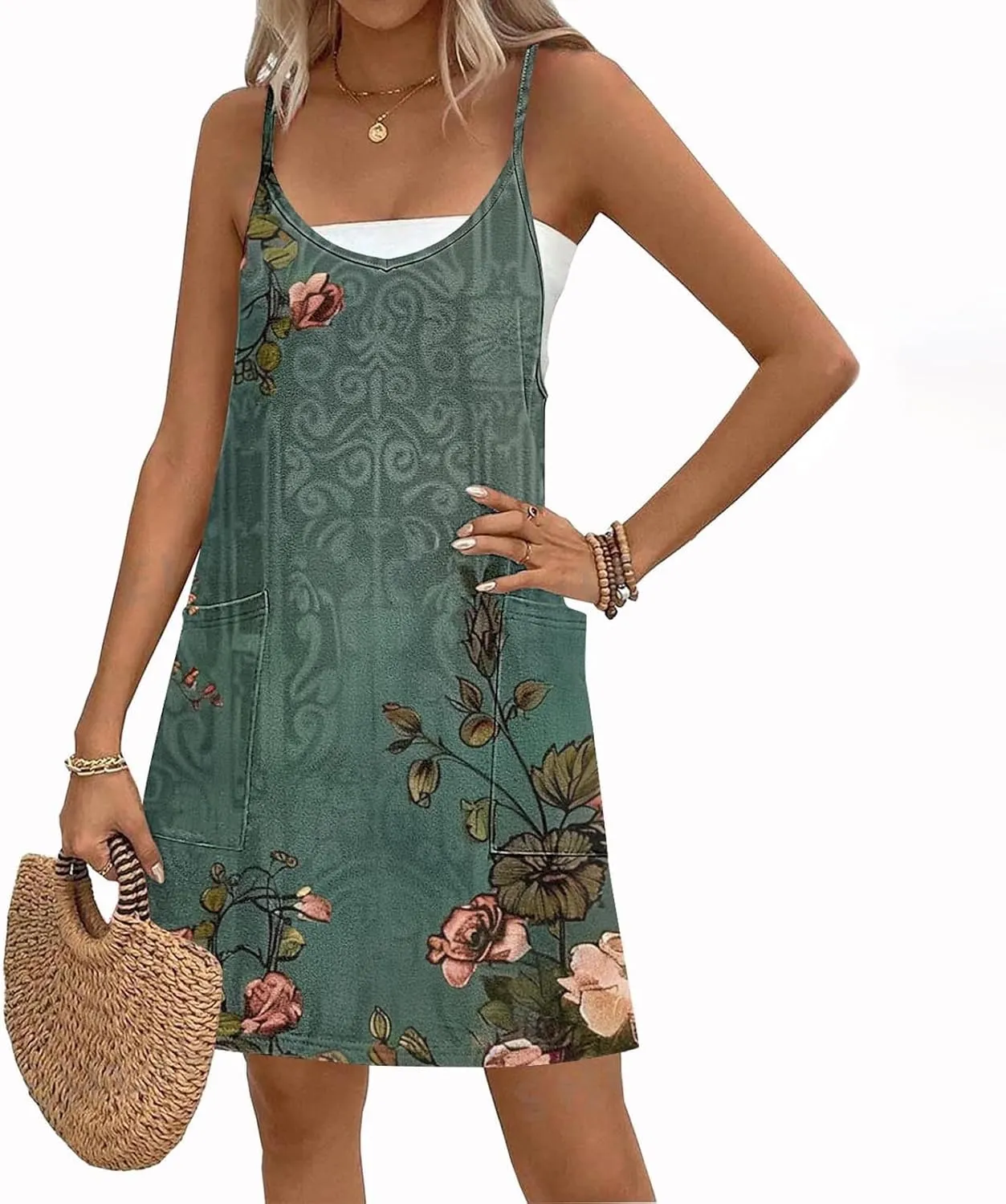 Womens Summer Dress Fashion Boho Sundress Casual Spaghetti Strap Floral Print Beach Vacation Short Dress