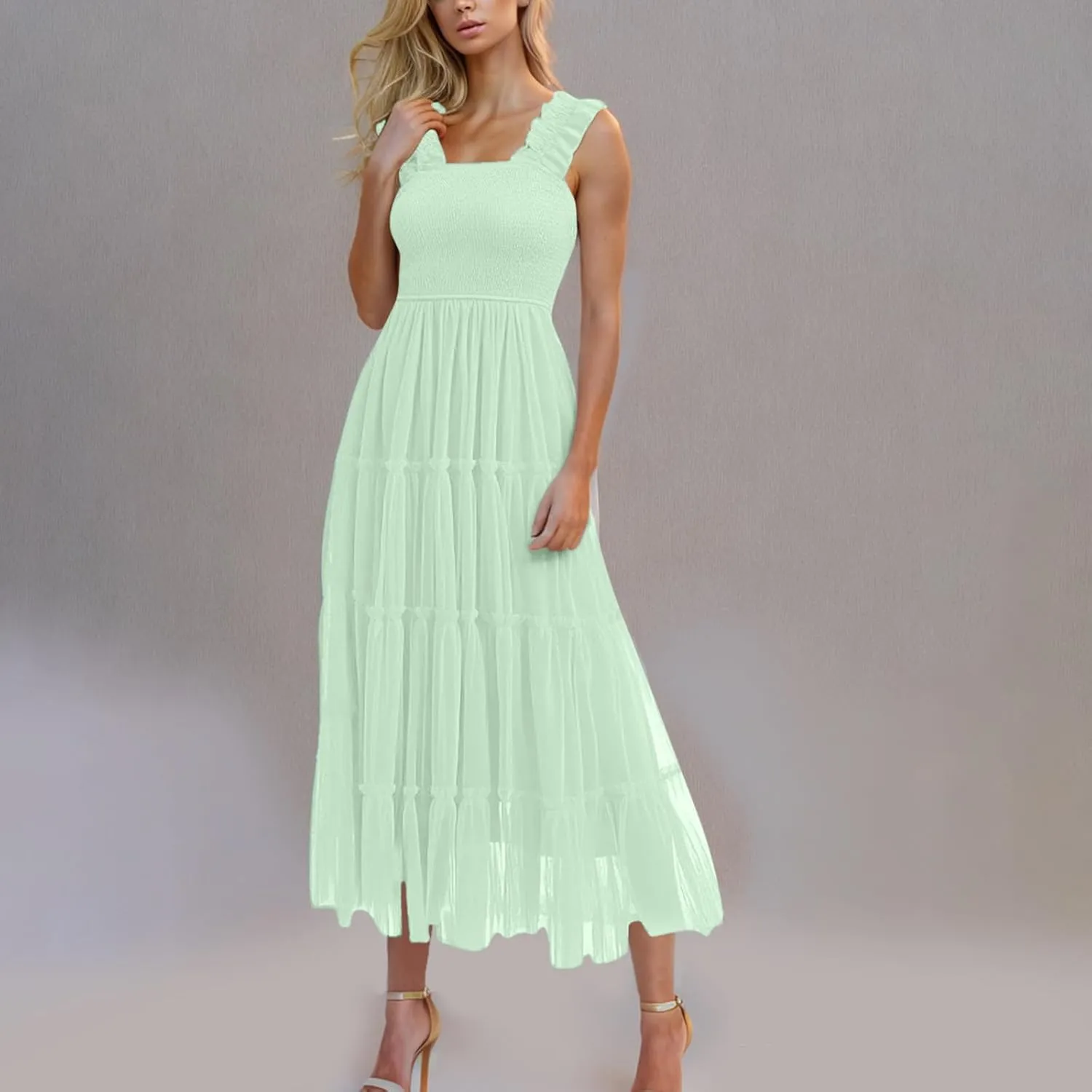 Women's Summer Dress Midi Tulle Dress Sleeveless Smocked Square Neck Ruffle Flowy Party Wedding Guest Sundress 2025