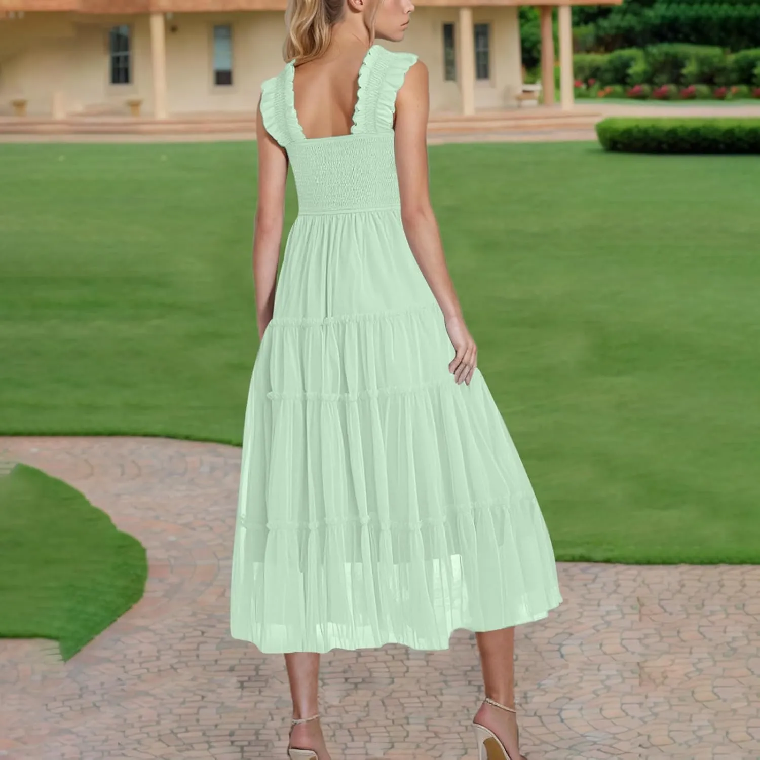 Women's Summer Dress Midi Tulle Dress Sleeveless Smocked Square Neck Ruffle Flowy Party Wedding Guest Sundress 2025