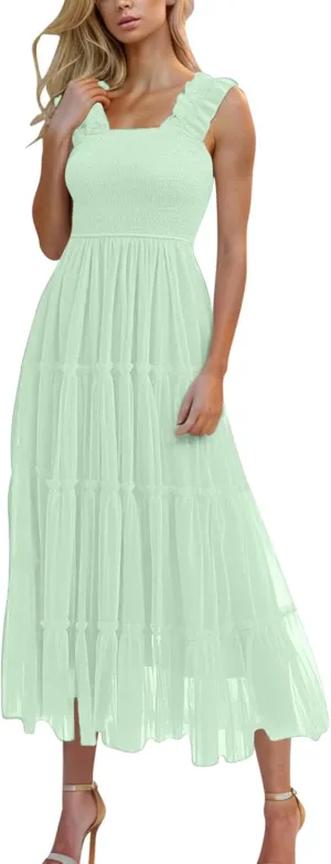 Women's Summer Dress Midi Tulle Dress Sleeveless Smocked Square Neck Ruffle Flowy Party Wedding Guest Sundress 2025