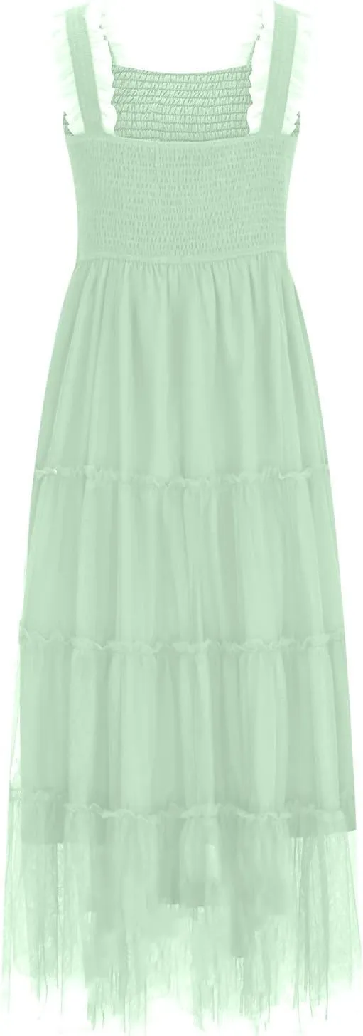 Women's Summer Dress Midi Tulle Dress Sleeveless Smocked Square Neck Ruffle Flowy Party Wedding Guest Sundress 2025