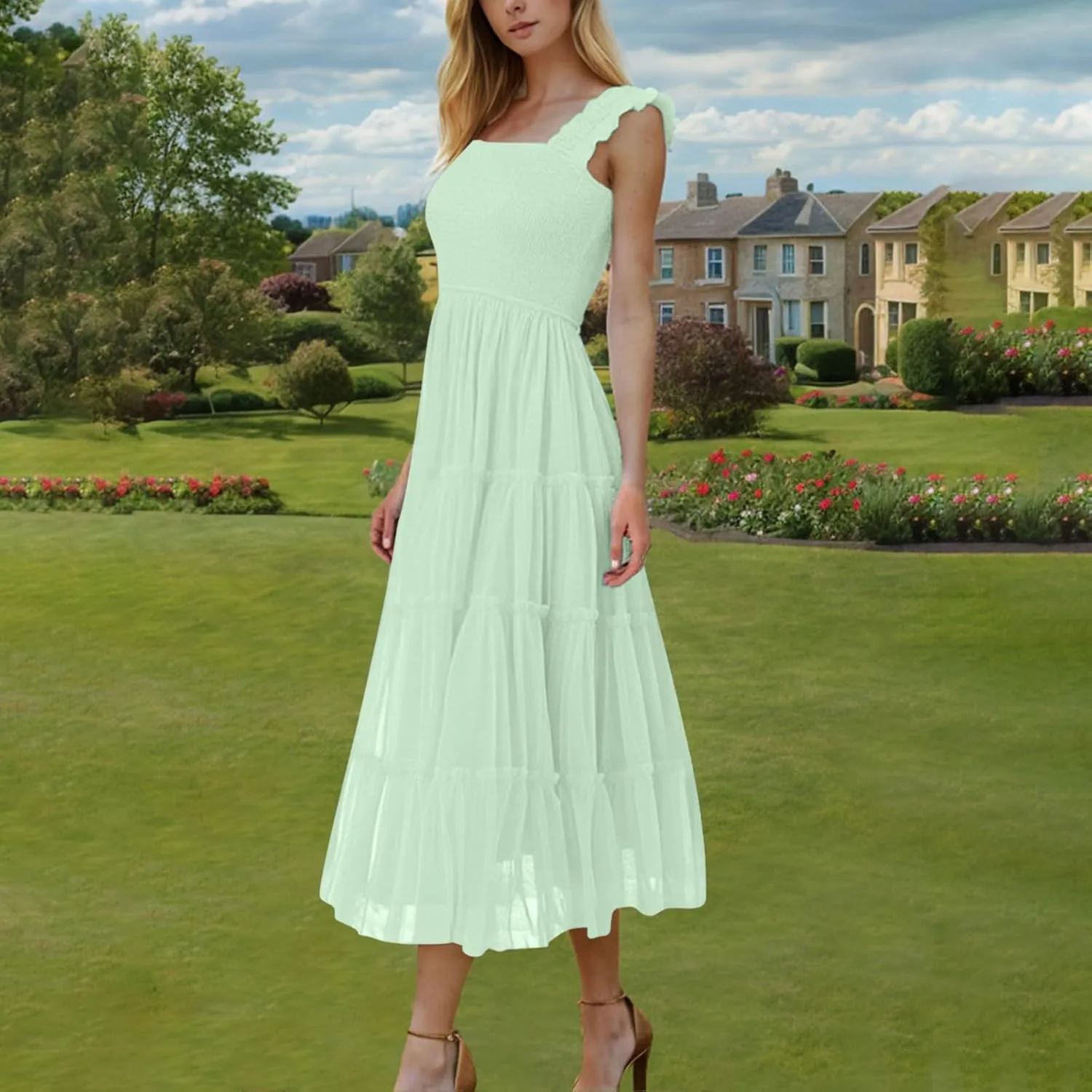 Women's Summer Dress Midi Tulle Dress Sleeveless Smocked Square Neck Ruffle Flowy Party Wedding Guest Sundress 2025