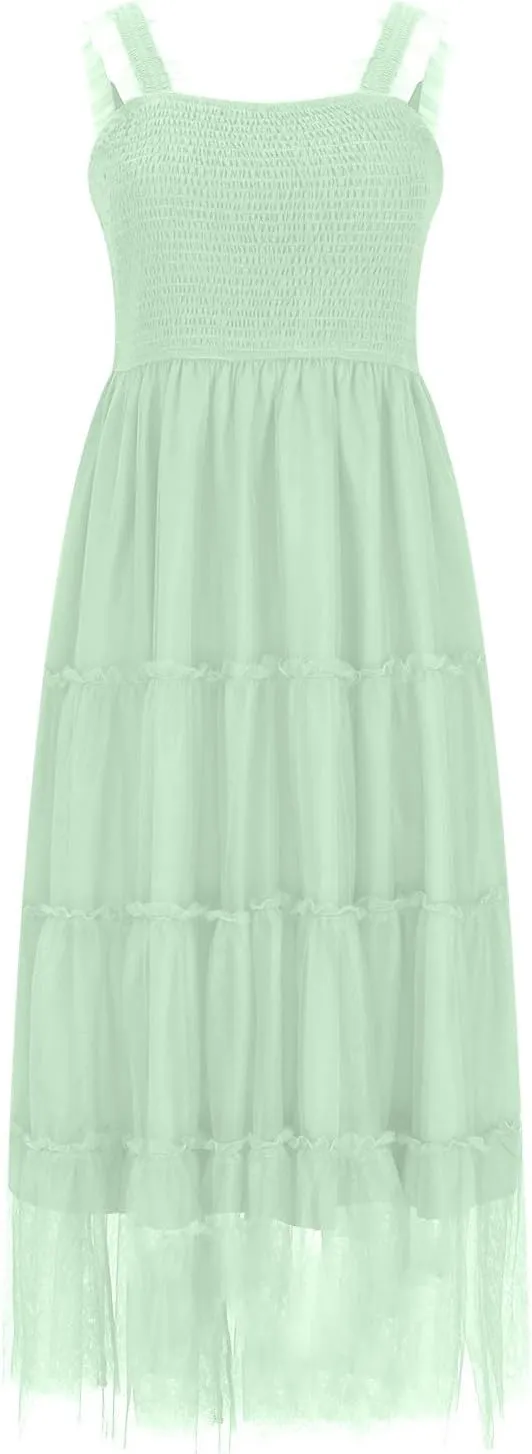 Women's Summer Dress Midi Tulle Dress Sleeveless Smocked Square Neck Ruffle Flowy Party Wedding Guest Sundress 2025