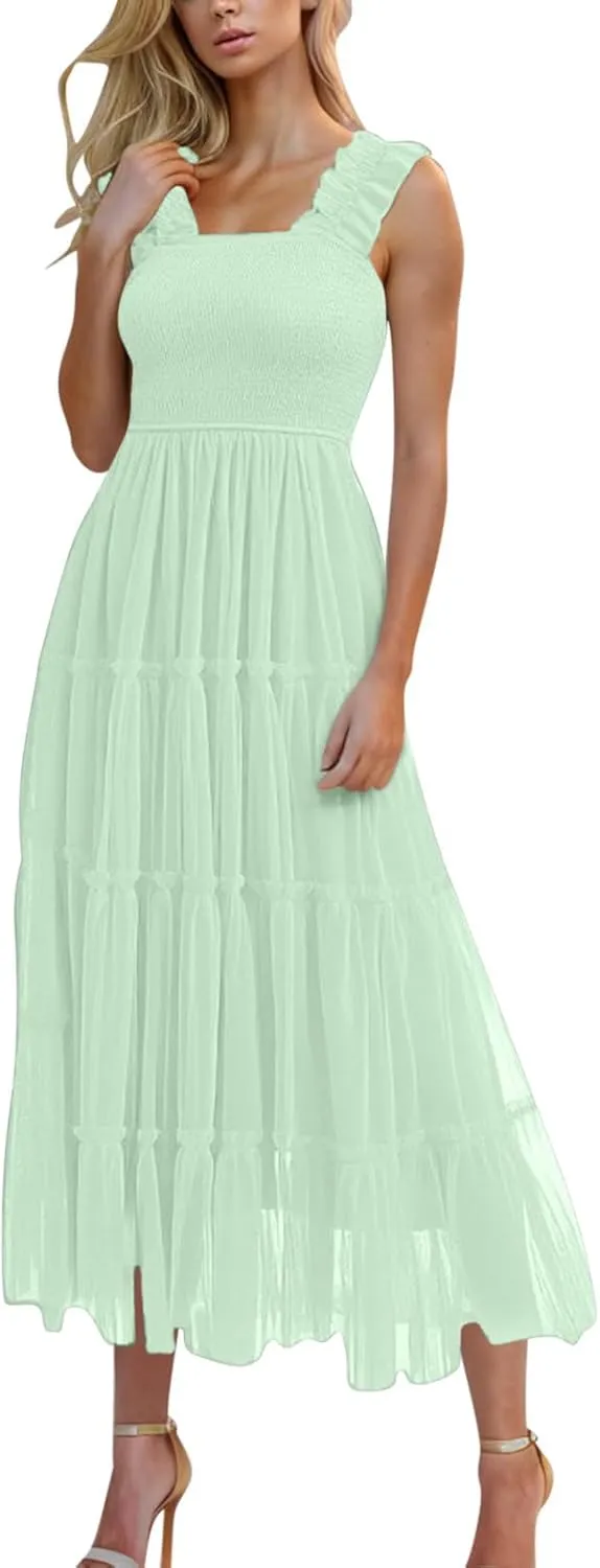 Women's Summer Dress Midi Tulle Dress Sleeveless Smocked Square Neck Ruffle Flowy Party Wedding Guest Sundress 2025