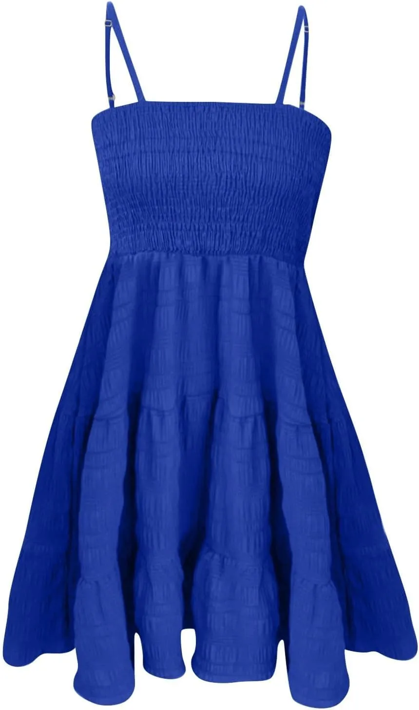 Womens Summer Dresses Spaghetti Strap Sleeveless Backless Ruffle Hem Swing Mini Casual A-Line Maxi Beach Smocked Short Dress