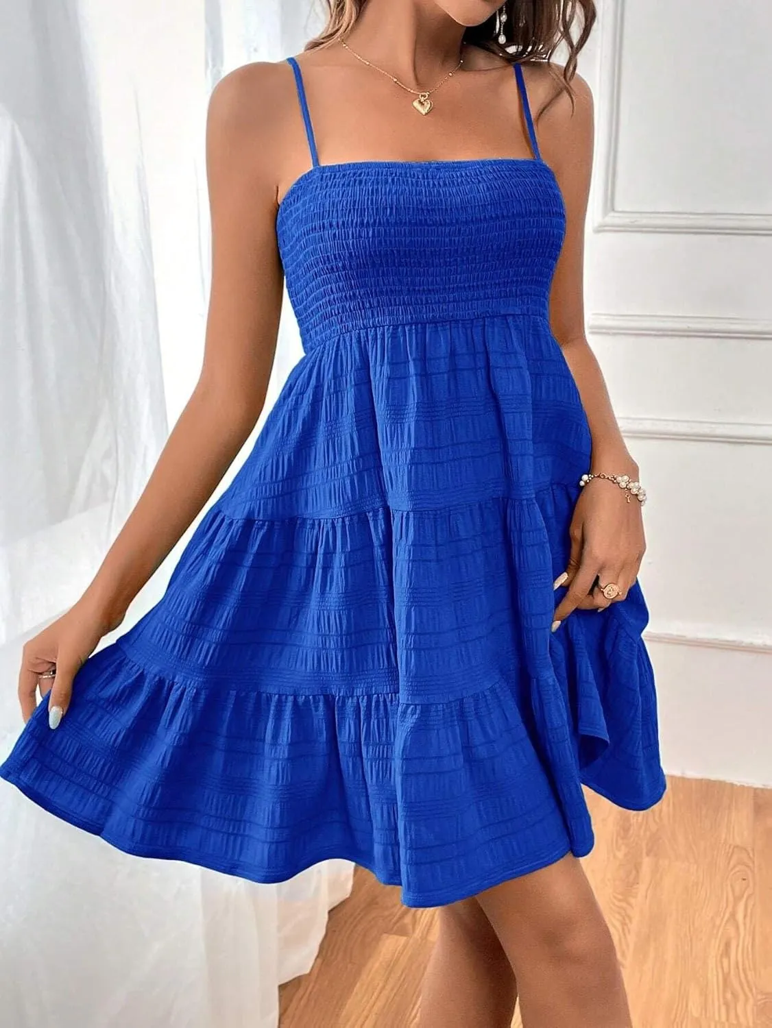 Womens Summer Dresses Spaghetti Strap Sleeveless Backless Ruffle Hem Swing Mini Casual A-Line Maxi Beach Smocked Short Dress