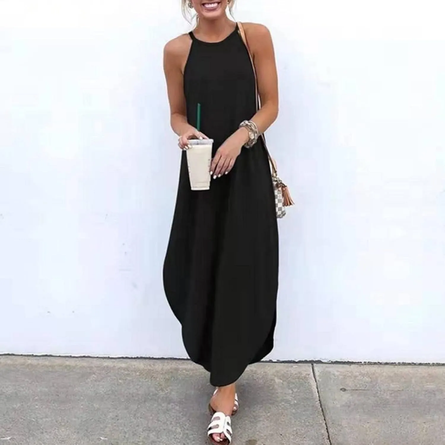 Women's Summer Dresses Spring Cotton Linen Spaghetti Casual Beach Outfits Clothes Flowy Split Maxi Sundress