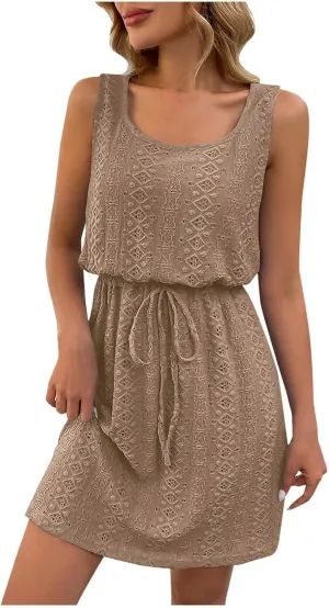 Womens Summer Eyelet Textured Tank Dresses Casual Scoop Neck Sleeveless Elastic Waist Short Mini Dress Beach Sundress