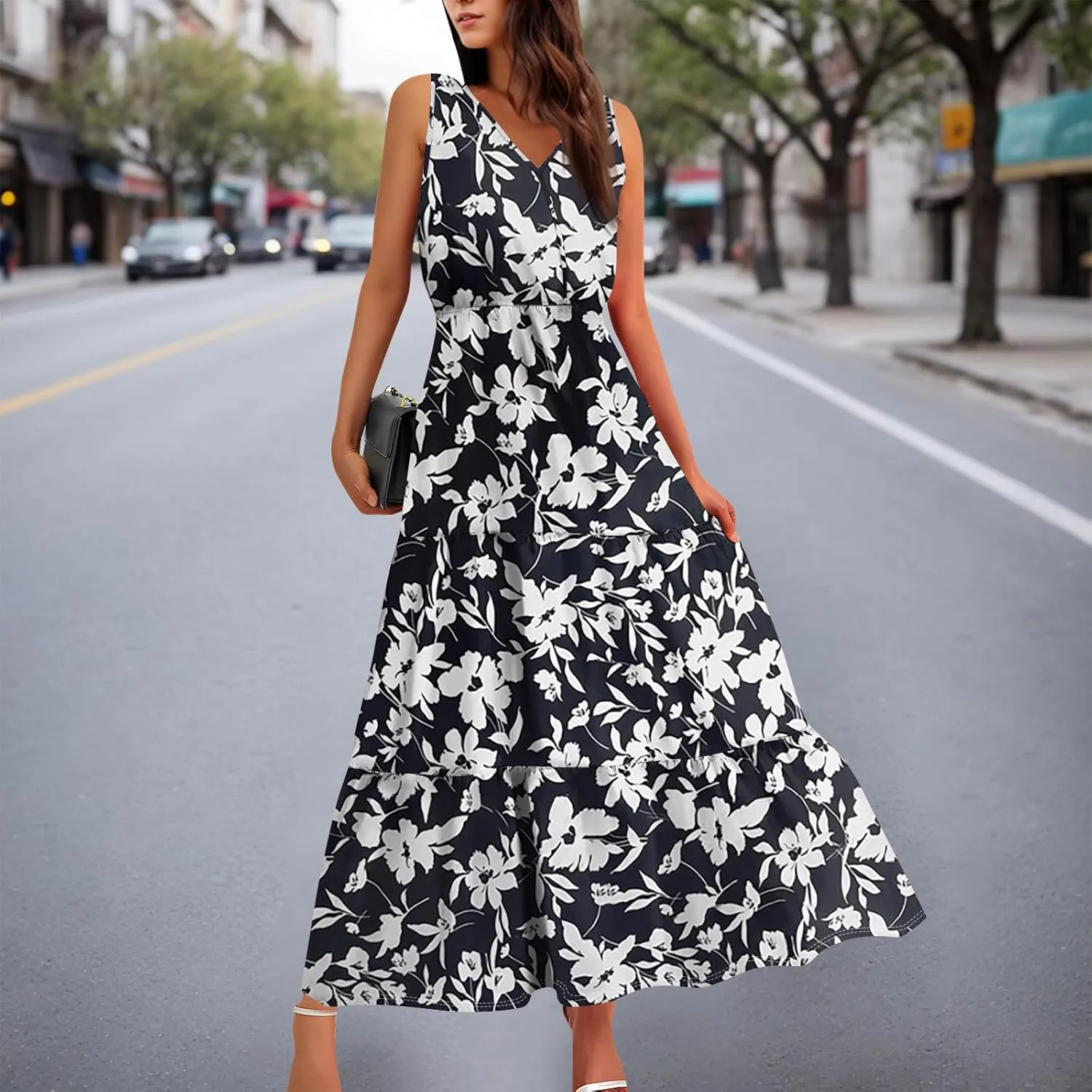 Women's Summer Maxi Dress Casual Boho Floral V Neck Sleeve Ruffle Hem Beach Long Dresses