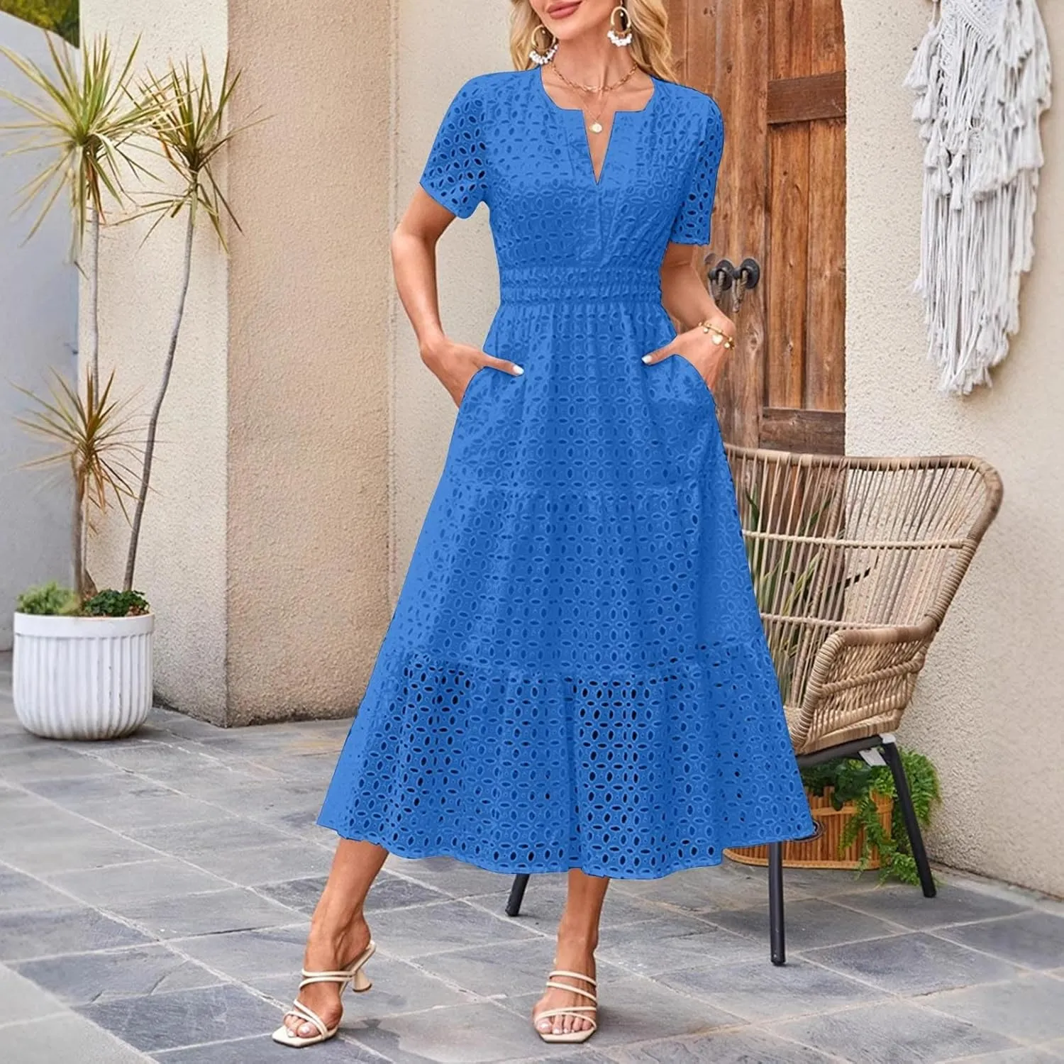 Womens Summer Midi Dresses Short Sleeve V Neck Hollow Out Eyelet Flowy Pleated Tiered A Line Swing Beach Vacation Dress