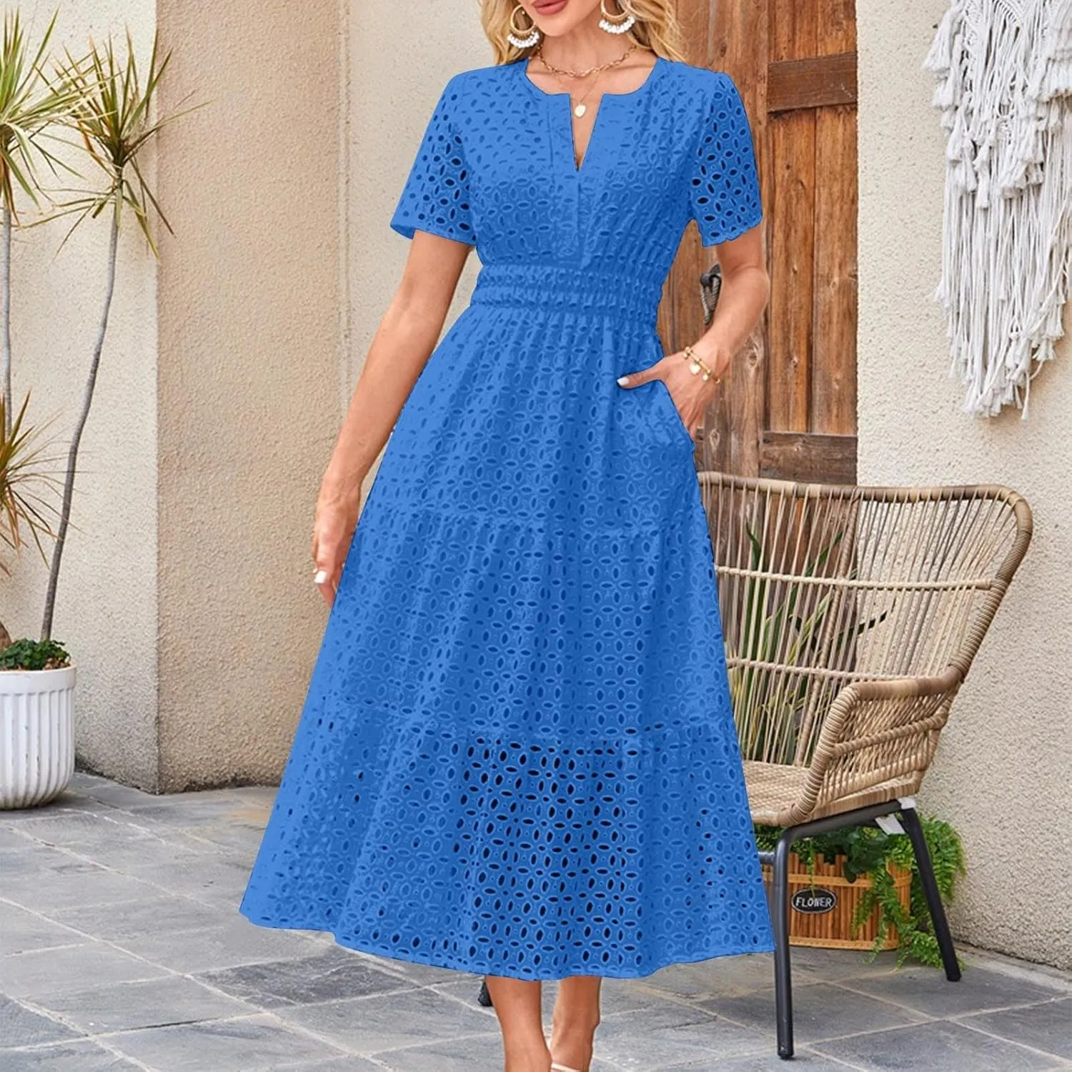 Womens Summer Midi Dresses Short Sleeve V Neck Hollow Out Eyelet Flowy Pleated Tiered A Line Swing Beach Vacation Dress