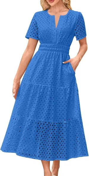 Womens Summer Midi Dresses Short Sleeve V Neck Hollow Out Eyelet Flowy Pleated Tiered A Line Swing Beach Vacation Dress