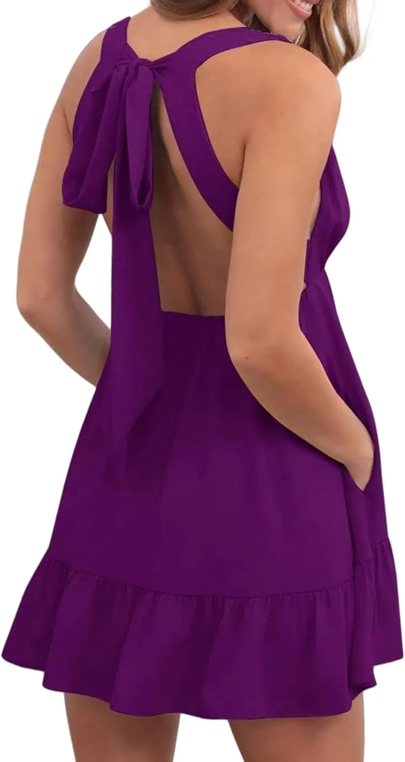 Womens Summer Mini Dress Sleeveless V Neck Backless Dresses Ruffle Tie Back Casual Short Dresses Beach Sundresses