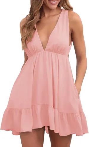 Womens Summer Mini Dress Sleeveless V Neck Backless Dresses Ruffle Tie Back Casual Short Dresses Beach Sundresses