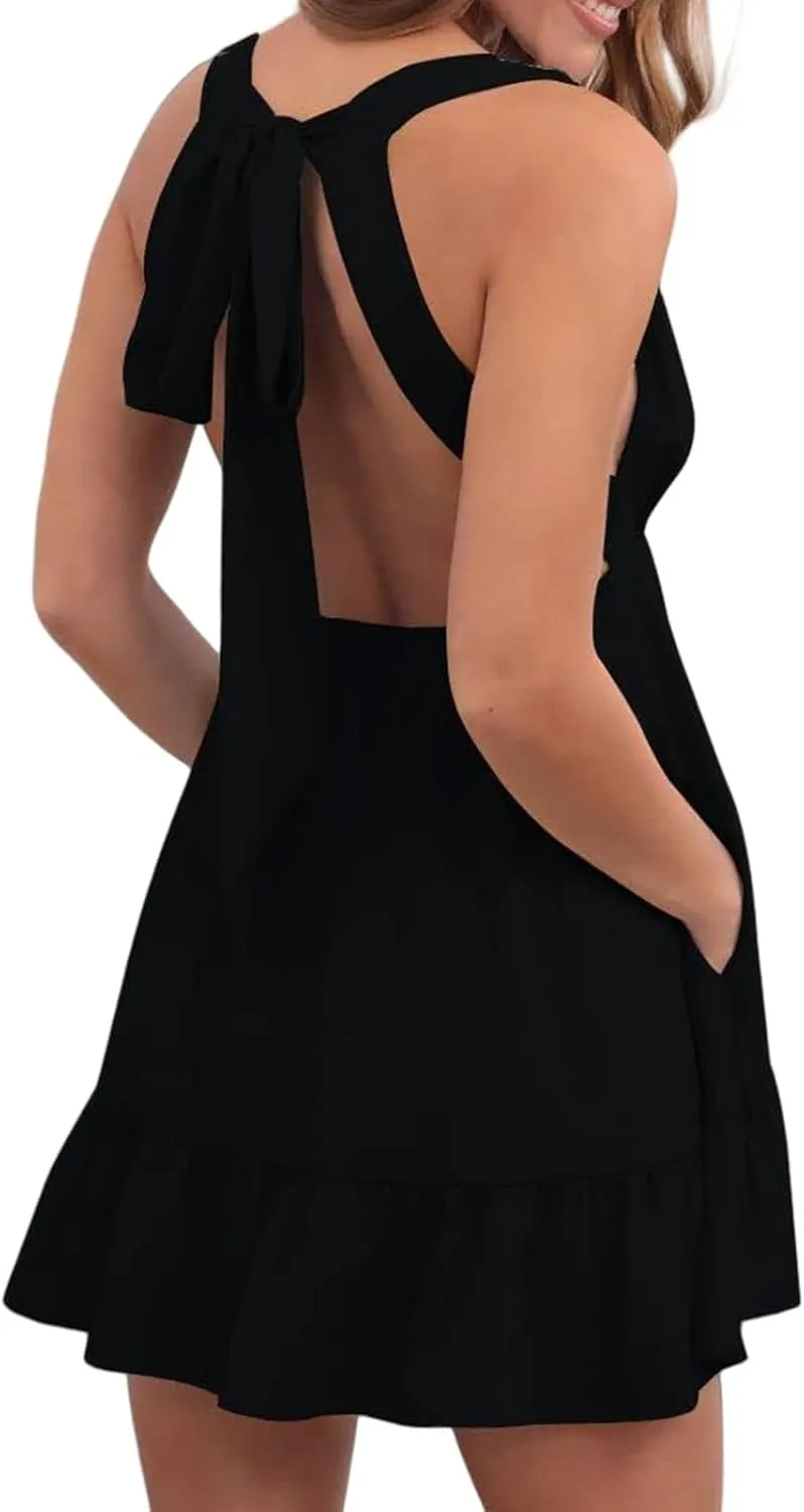 Womens Summer Mini Dress Sleeveless V Neck Backless Dresses Ruffle Tie Back Casual Short Dresses Beach Sundresses