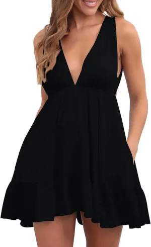 Womens Summer Mini Dress Sleeveless V Neck Backless Dresses Ruffle Tie Back Casual Short Dresses Beach Sundresses