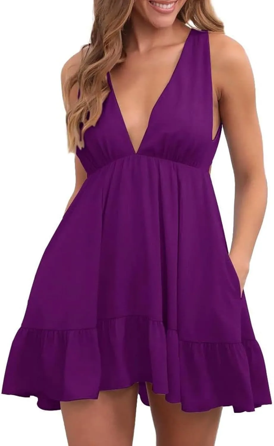Womens Summer Mini Dress Sleeveless V Neck Backless Dresses Ruffle Tie Back Casual Short Dresses Beach Sundresses
