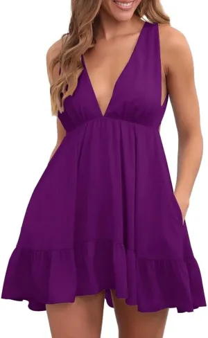 Womens Summer Mini Dress Sleeveless V Neck Backless Dresses Ruffle Tie Back Casual Short Dresses Beach Sundresses