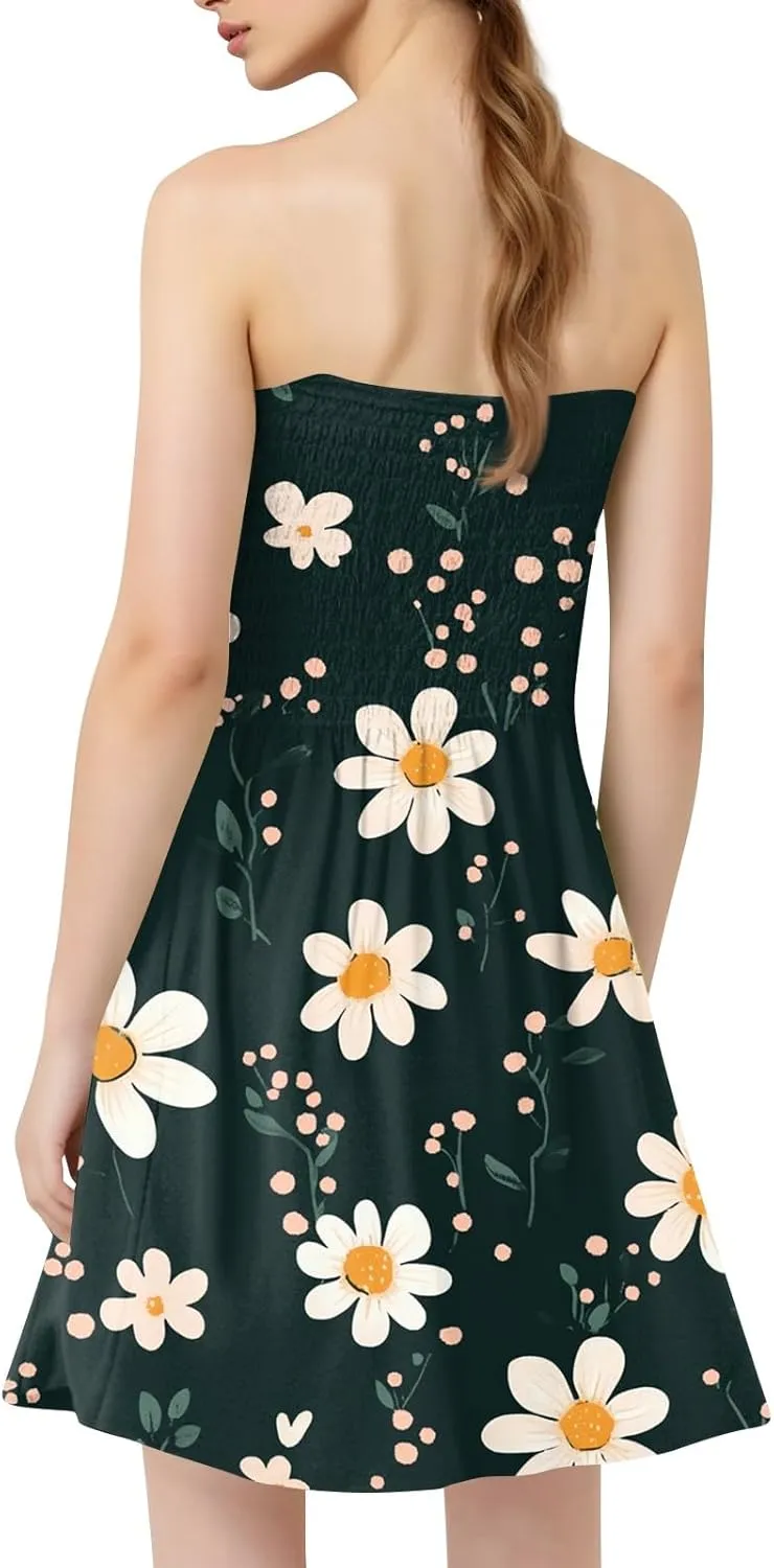 Womens Summer Mini Dress Strapless Sleeveless Trendy Boho Floral Sundress Flowy Ruffle Ruched Sexy Tube Top Dresses