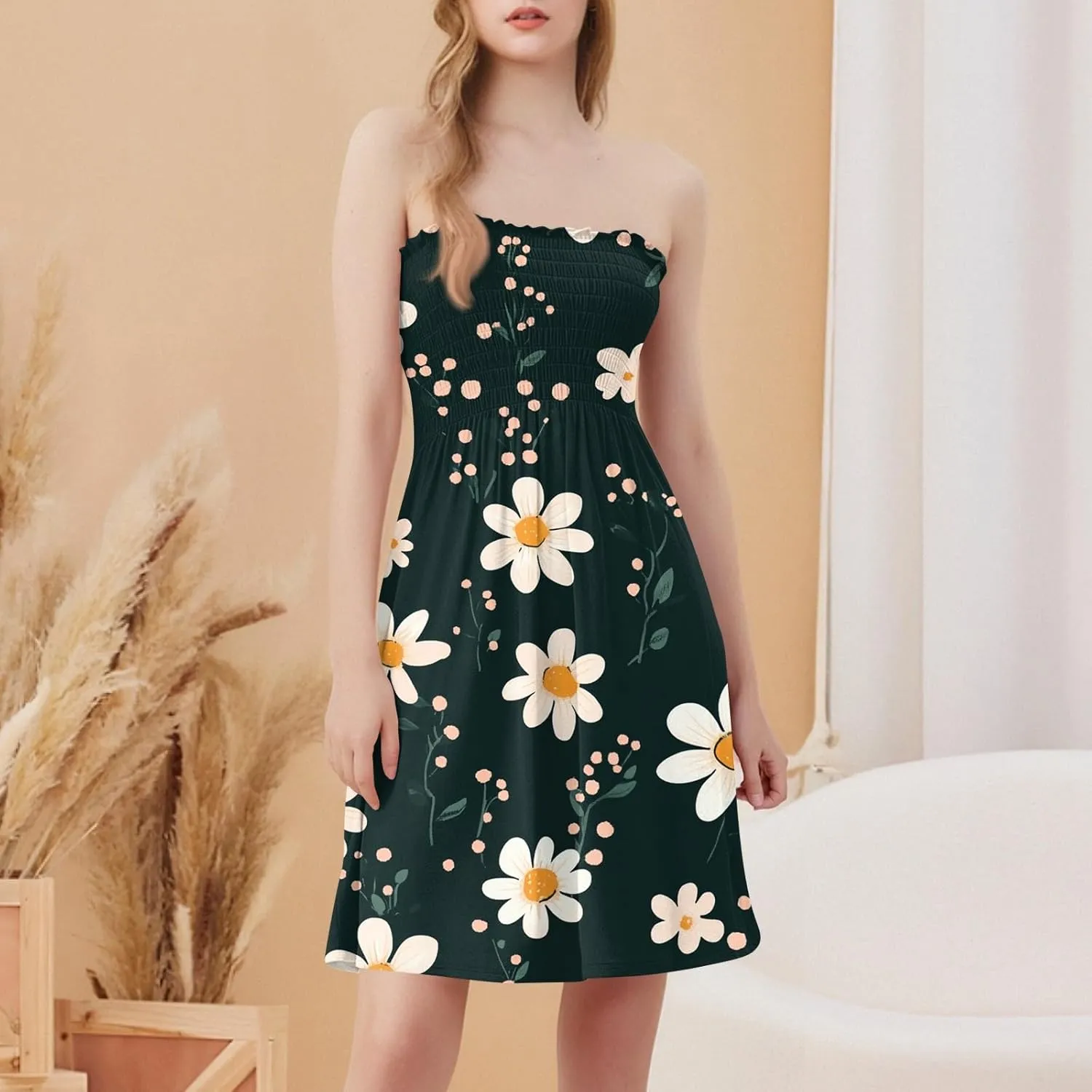 Womens Summer Mini Dress Strapless Sleeveless Trendy Boho Floral Sundress Flowy Ruffle Ruched Sexy Tube Top Dresses