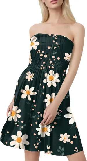 Womens Summer Mini Dress Strapless Sleeveless Trendy Boho Floral Sundress Flowy Ruffle Ruched Sexy Tube Top Dresses