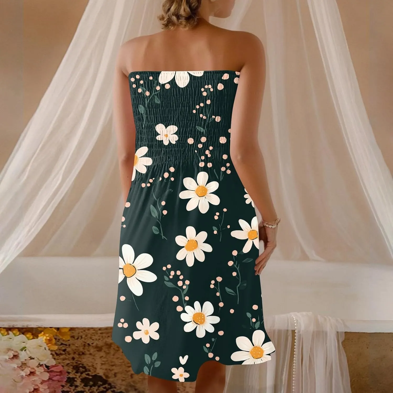 Womens Summer Mini Dress Strapless Sleeveless Trendy Boho Floral Sundress Flowy Ruffle Ruched Sexy Tube Top Dresses